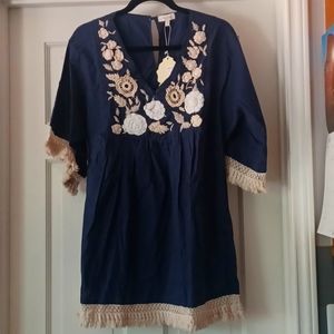 8113 Velzera navy blue 3/4 sleeve embroidered tunic L NEW